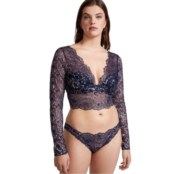 Victoria Secret Dream Angels Allure Shimmer Long-Sleeve Bra Longline Navy Large - Picture 1 of 15